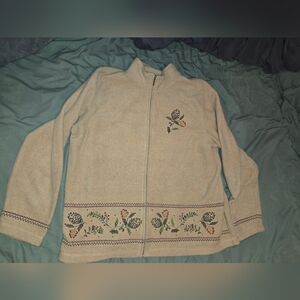 Floral Pine Cone Embroidered Zip-Up Fleece Jacket large
